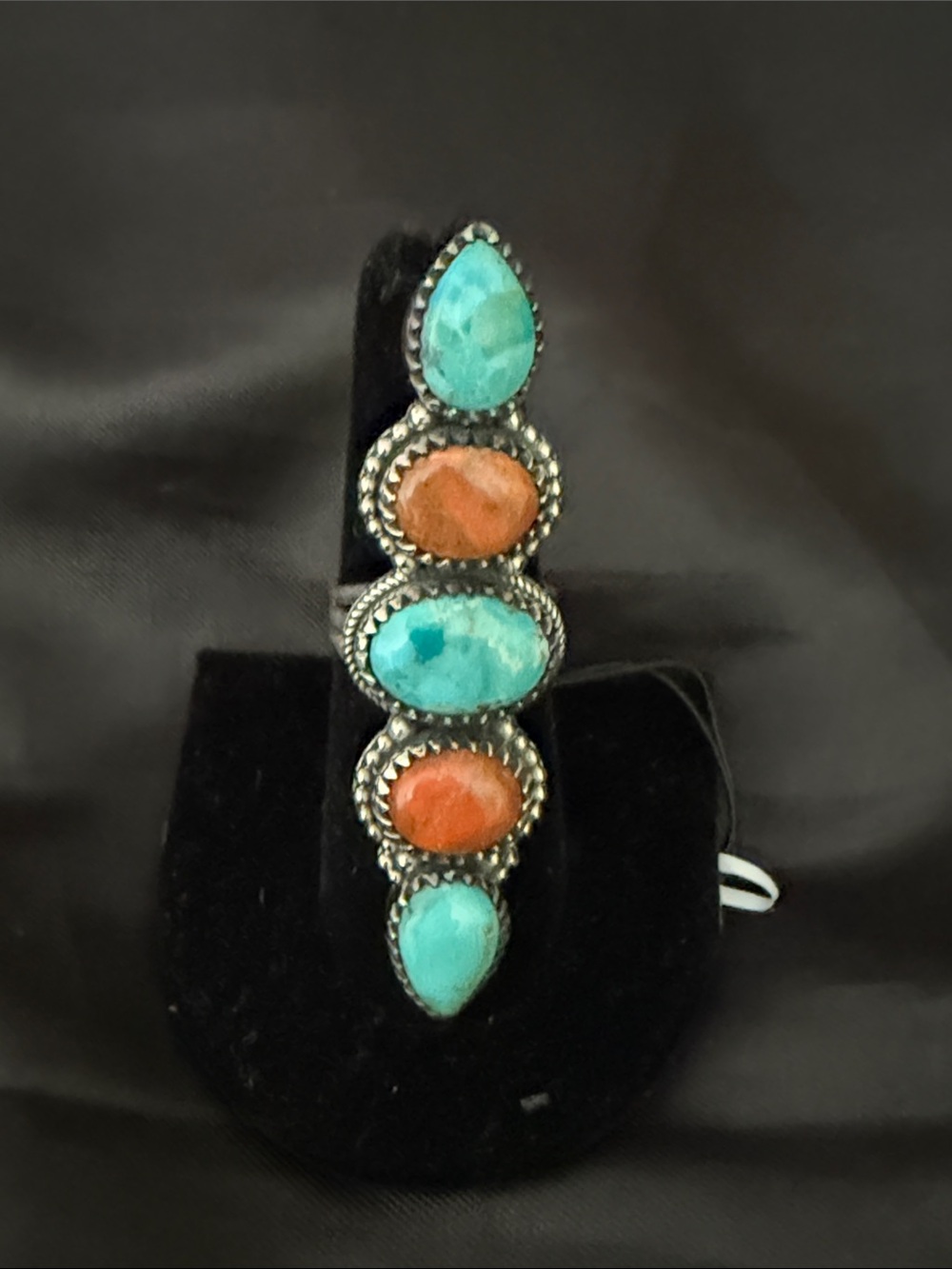 Blue & Orange Turquoise Coral Multi-Stone Sterling Silver-Plated Statement Ring